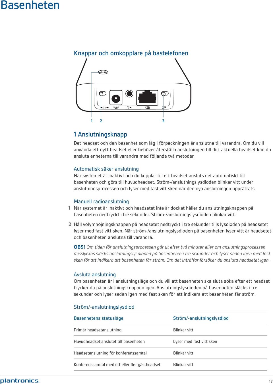 Automatisk säker anslutning När systemet är inaktivt och du kopplar till ett headset ansluts det automatiskt till basenheten och görs till huvudheadset.