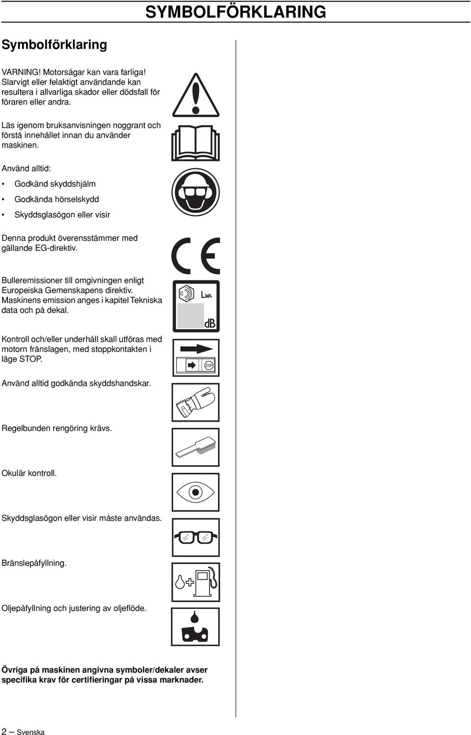 Använd alltid: Godkänd skyddshjälm Godkända hörselskydd Skyddsglasögon eller visir Denna produkt överensstämmer med gällande EG-direktiv.