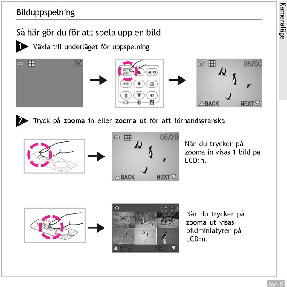 zooma ut för att förhandsgranska När du trycker på zooma in visas 1