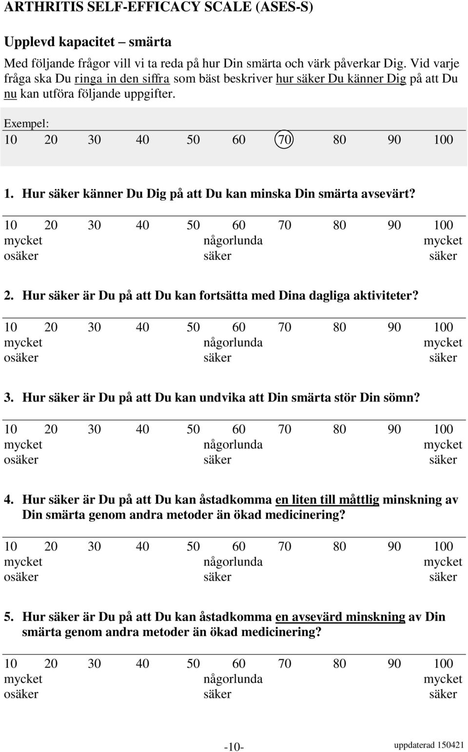 Hur säker känner Du Dig på att Du kan minska Din smärta avsevärt? 2. Hur säker är Du på att Du kan fortsätta med Dina dagliga aktiviteter? 3.