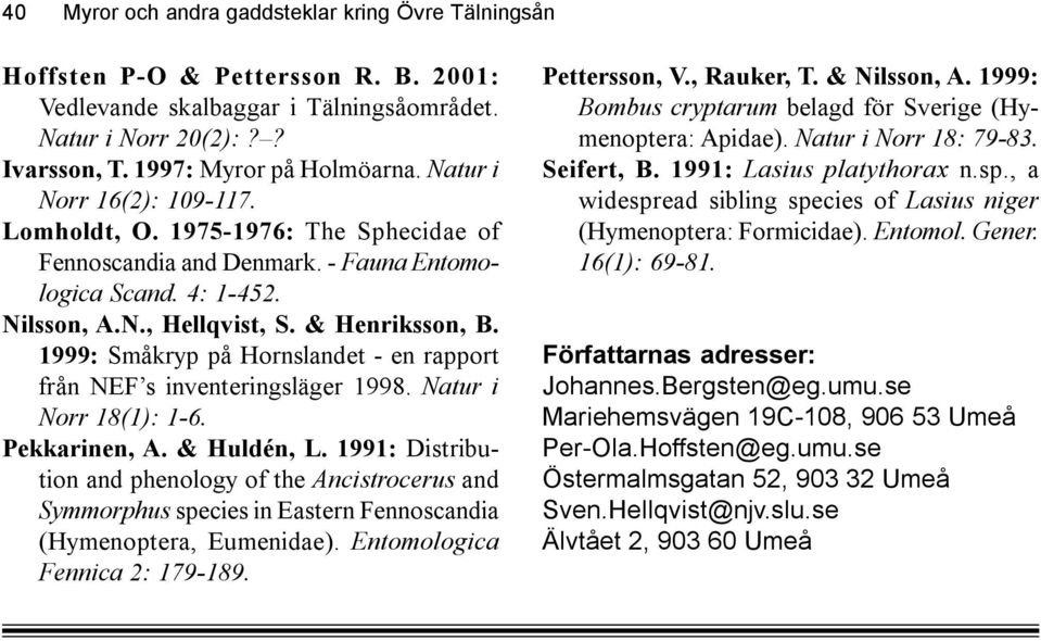 1999: Småkryp på Hornslandet - en rapport från NEF s inventeringsläger 1998. Natur i Norr 18(1): 1-6. Pekkarinen, A. & Huldén, L.