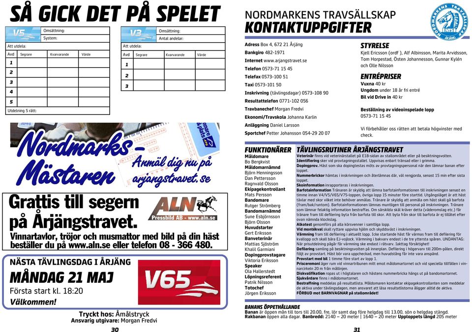 18:20 Välkommen! Tryckt hos: Åmålstryck Ansvarig utgivare: Morgan Fredvi 30 1 2 3 NORDMARKENS TRAVSÄLLSKAP KONTAKTUPPGIFTER Adress Box 4, 672 21 Årjäng Bankgiro 482-1971 Internet www.arjangstravet.
