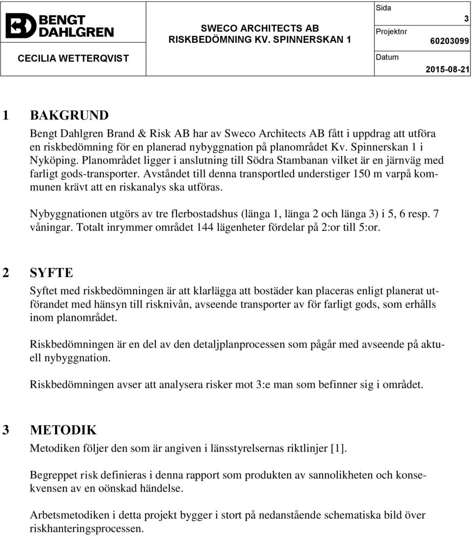 Avståndet till denna transportled understiger 150 m varpå kommunen krävt att en riskanalys ska utföras. Nybyggnationen utgörs av tre flerbostadshus (länga 1, länga 2 och länga 3) i 5, 6 resp.