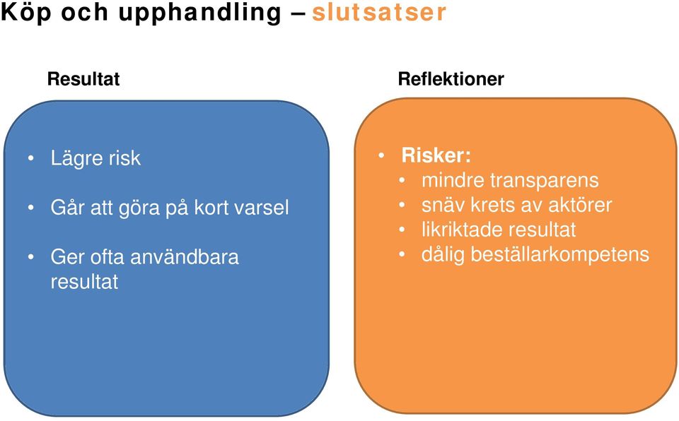 användbara resultat Risker: mindre transparens snäv