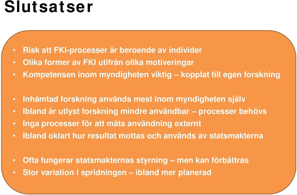 forskning mindre användbar processer behövs Inga processer för att mäta användning externt Ibland oklart hur resultat mottas