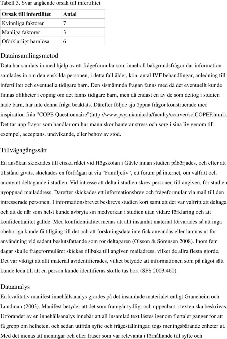 frågeformulär som innehöll bakgrundsfrågor där information samlades in om den enskilda personen, i detta fall ålder, kön, antal IVF behandlingar, anledning till infertilitet och eventuella tidigare