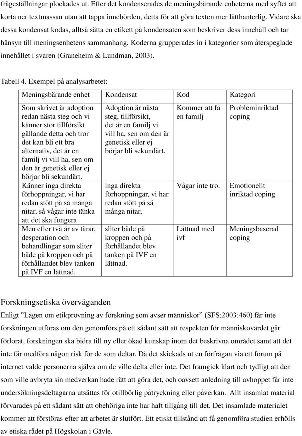 Koderna grupperades in i kategorier som återspeglade innehållet i svaren (Graneheim & Lundman, 2003). Tabell 4.