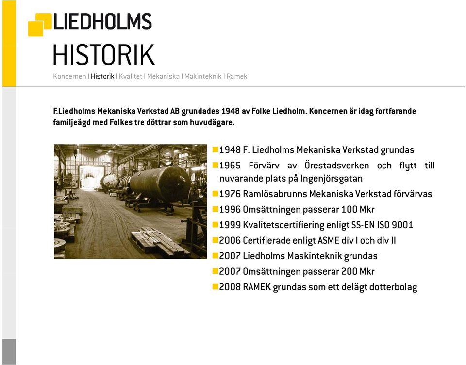 Liedholms Mekaniska Verkstad grundas 1965 Förvärv av Örestadsverken och flytt till nuvarande plats på Ingenjörsgatan g 1976 Ramlösabrunns