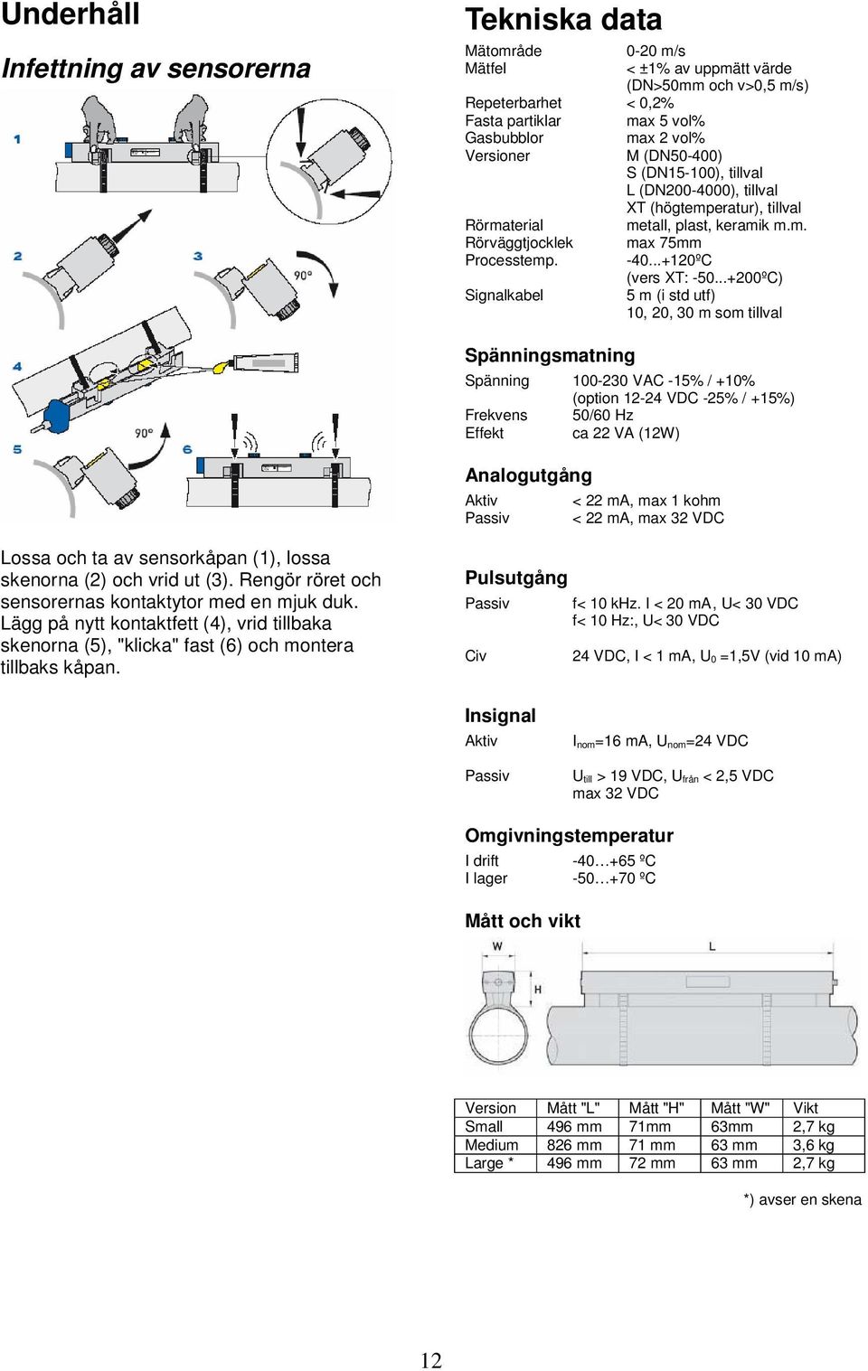 ..+200ºC) Signalkabel 5 m (i std utf) 10, 20, 30 m som tillval Spänningsmatning Spänning 100-230 VAC -15% / +10% (option 12-24 VDC -25% / +15%) Frekvens 50/60 Hz Effekt ca 22 VA (12W) Analogutgång