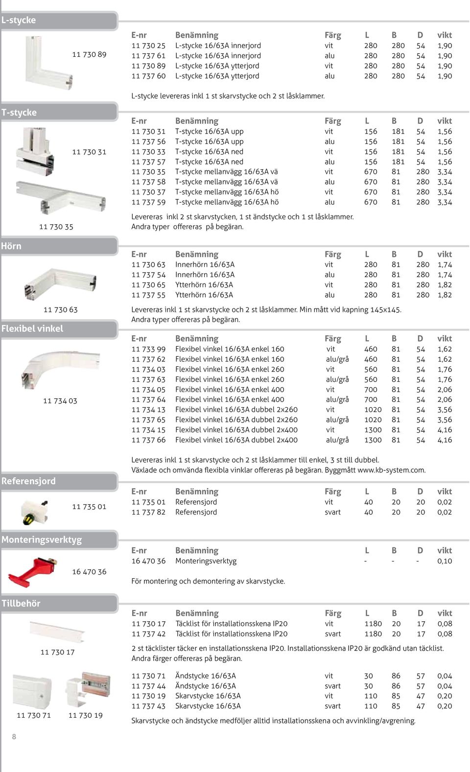 T-stycke 11 730 31 11 730 35 Hörn 11 730 63 Flexibel vinkel 11 734 03 11 730 31 T-stycke 16/63A upp vit 156 181 54 1,56 11 737 56 T-stycke 16/63A upp alu 156 181 54 1,56 11 730 33 T-stycke 16/63A ned