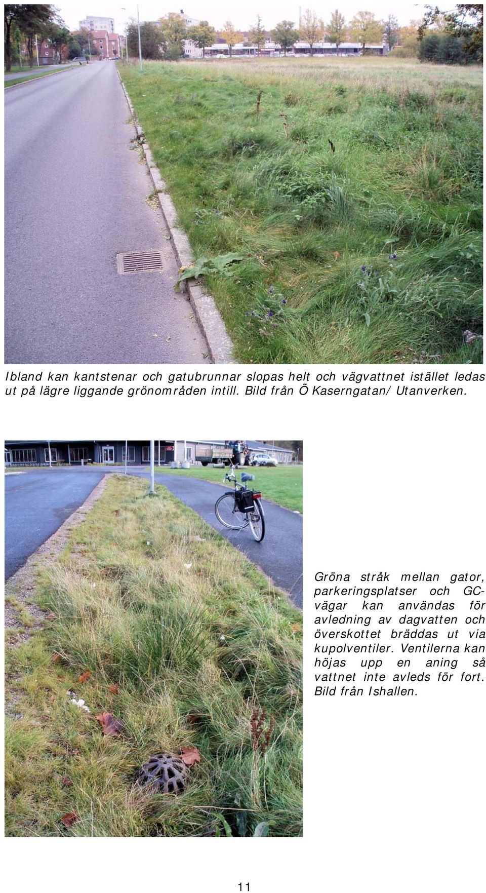 Gröna stråk mellan gator, parkeringsplatser och GCvägar kan användas för avledning av dagvatten