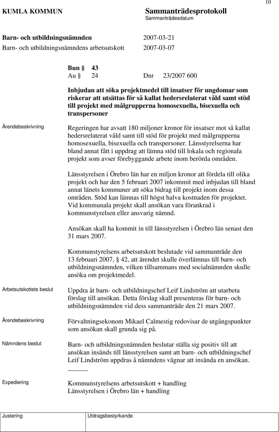 bisexuella och transpersoner. Länsstyrelserna har bland annat fått i uppdrag att lämna stöd till lokala och regionala projekt som avser förebyggande arbete inom berörda områden.