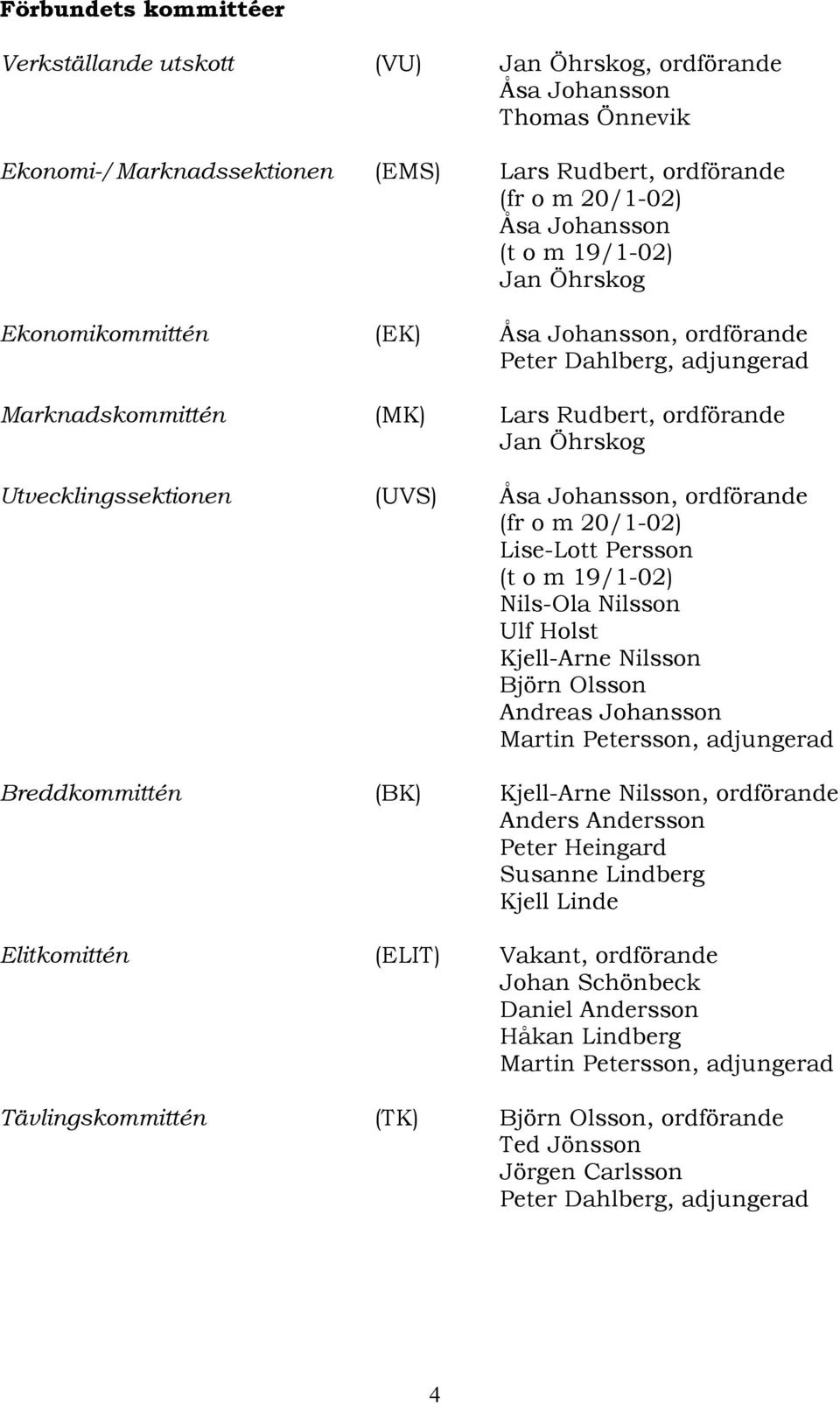 ordförande (fr o m 20/1-02) Lise-Lott Persson (t o m 19/1-02) Nils-Ola Nilsson Ulf Holst Kjell-Arne Nilsson Björn Olsson Andreas Johansson Martin Petersson, adjungerad Breddkommittén (BK) Kjell-Arne