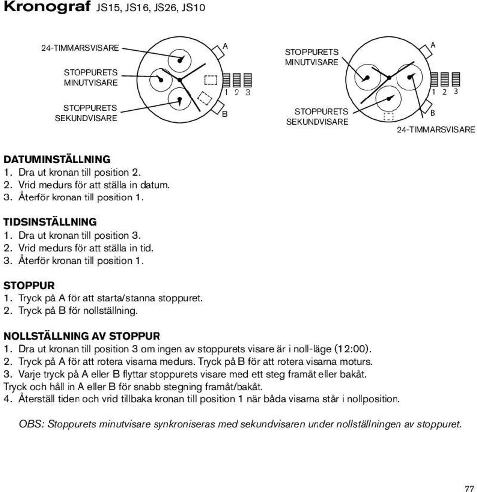 Tryck på för att rotera visarna moturs. 3. Varje tryck på eller flyttar stoppurets visare med ett steg framåt eller bakåt. Tryck och håll in eller för snabb stegning framåt/bakåt. 4.