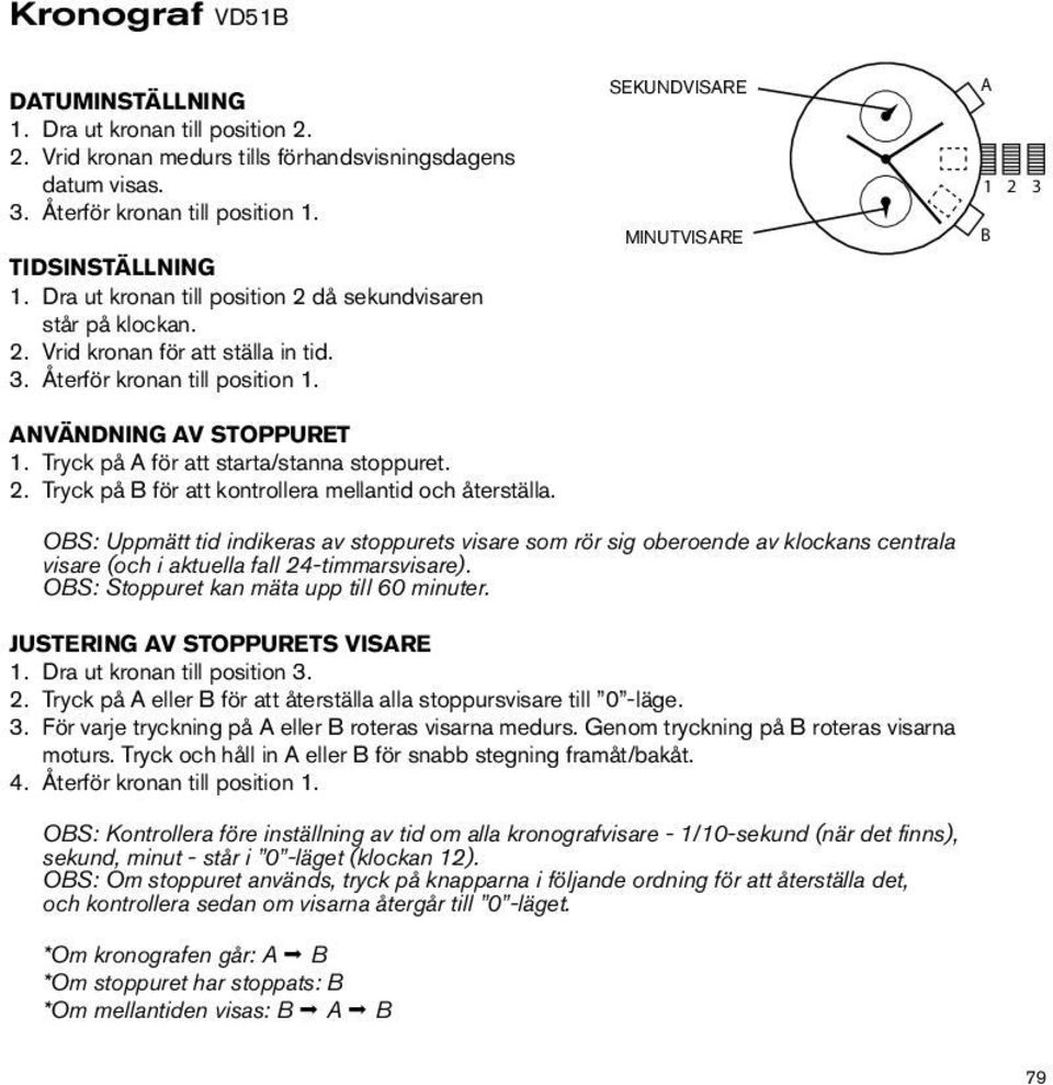 MINUTVISRE OS: Uppmätt tid indikeras av stoppurets visare som rör sig oberoende av klockans centrala visare (och i aktuella fall 24-timmarsvisare). OS: Stoppuret kan mäta upp till 60 minuter.