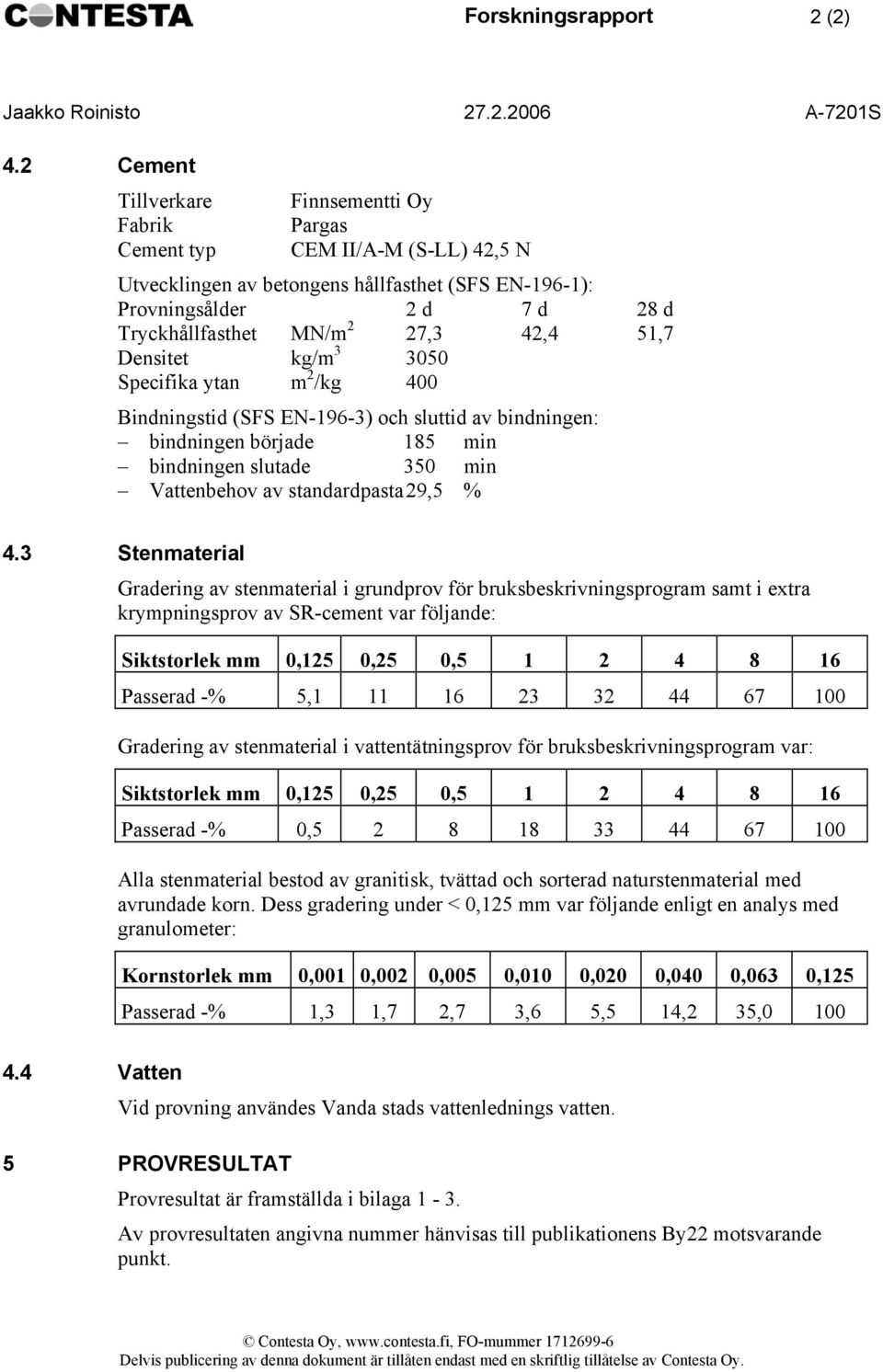 3050 Specifika ytan m 2 /kg 400 Bindningtid (SFS EN963) och luttid av bindningen: bindningen började 85 min bindningen lutade 350 min Vattenbehov av tandardpata 29,5 % 4.