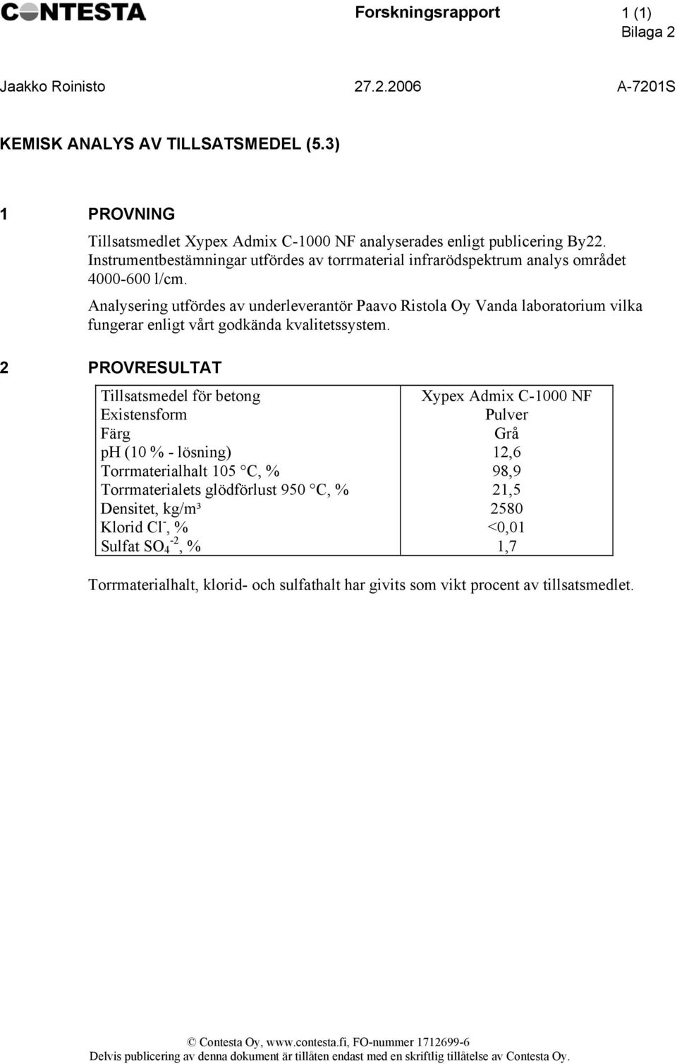 Analyering utförde av underleverantör Paavo Ritola Oy Vanda laboratorium vilka fungerar enligt vårt godkända kvalitetytem.