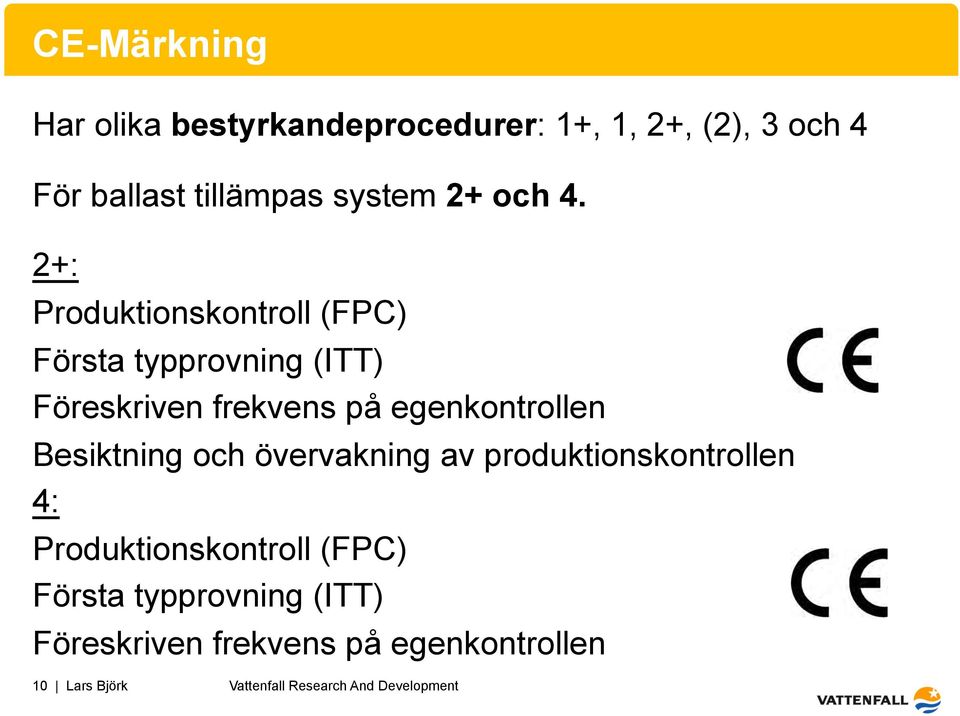 2+: Produktionskontroll (FPC) Första typprovning (ITT) Föreskriven frekvens på egenkontrollen