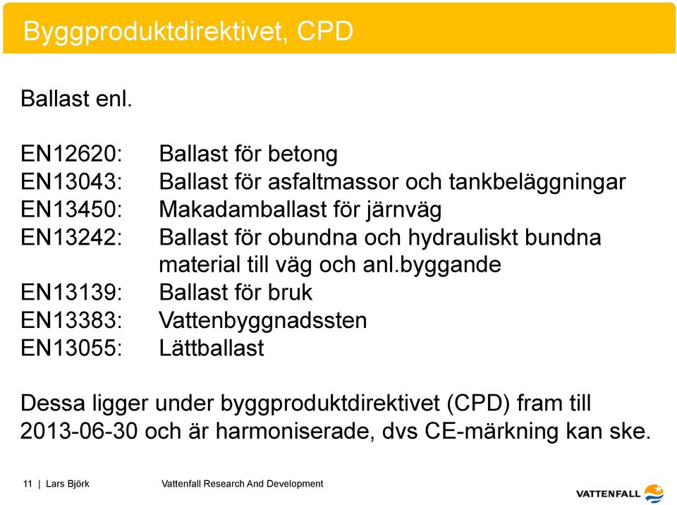 EN13242: Ballast för obundna och hydrauliskt bundna material till väg och anl.