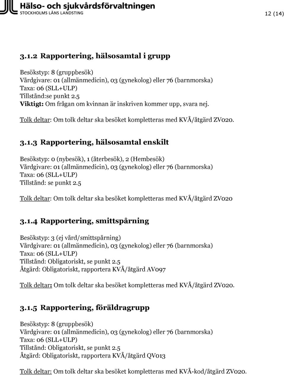 5 Tolk deltar: Om tolk deltar ska besöket kompletteras med KVÅ/åtgärd ZV020 3.1.4 Rapportering, smittspårning Besökstyp: 3 (ej vård/smittspårning) Tillstånd: Obligatoriskt, se punkt 2.