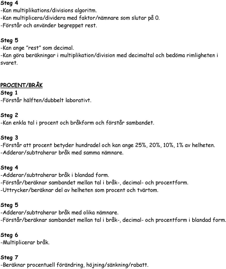 -Kan enkla tal i procent och bråkform och förstår sambandet. -Förstår att procent betyder hundradel och kan ange 25%, 20%, 10%, 1% av helheten. -Adderar/subtraherar bråk med samma nämnare.