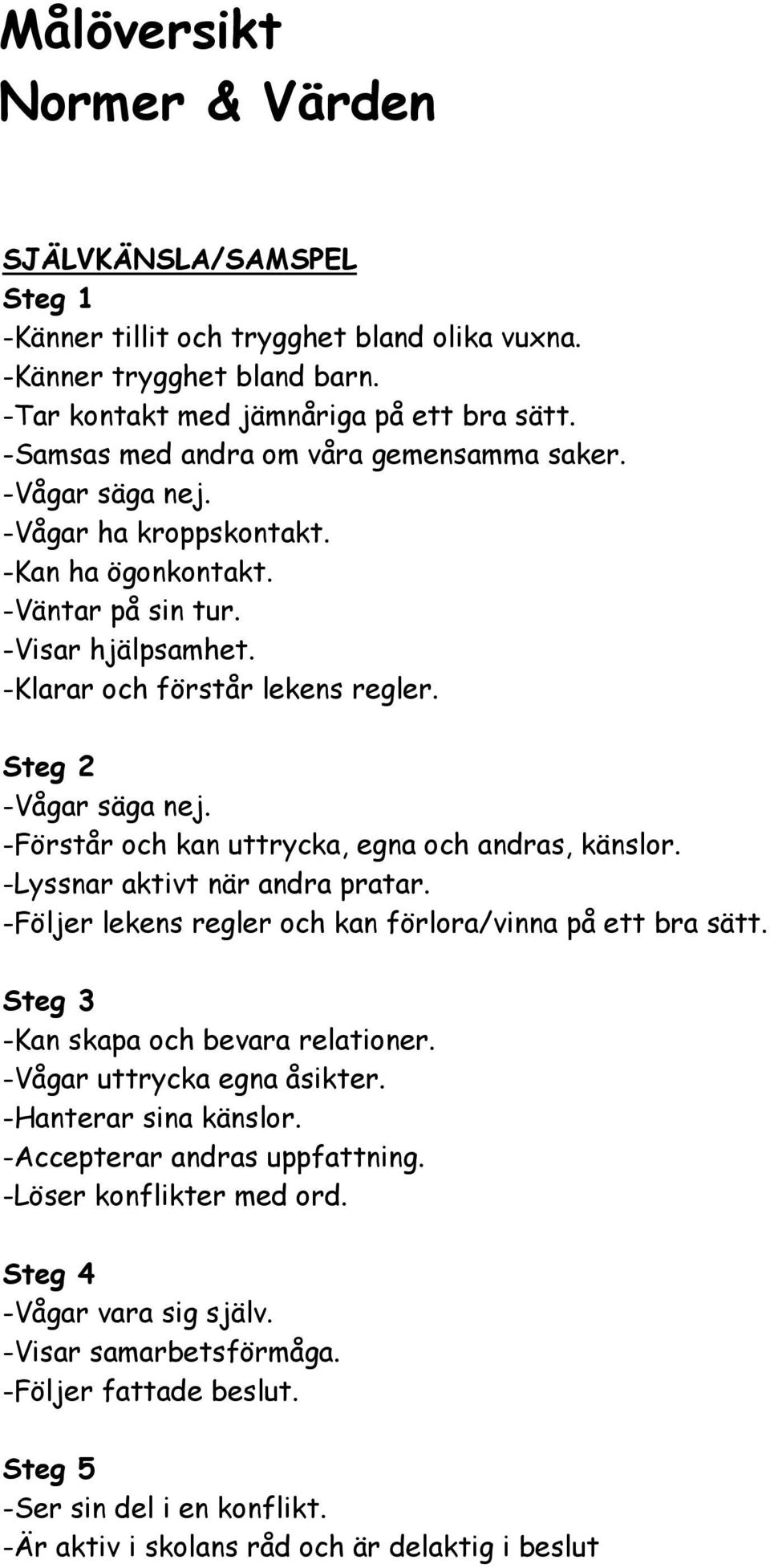 -Lyssnar aktivt när andra pratar. -Följer lekens regler och kan förlora/vinna på ett bra sätt. -Kan skapa och bevara relationer. -Vågar uttrycka egna åsikter. -Hanterar sina känslor.