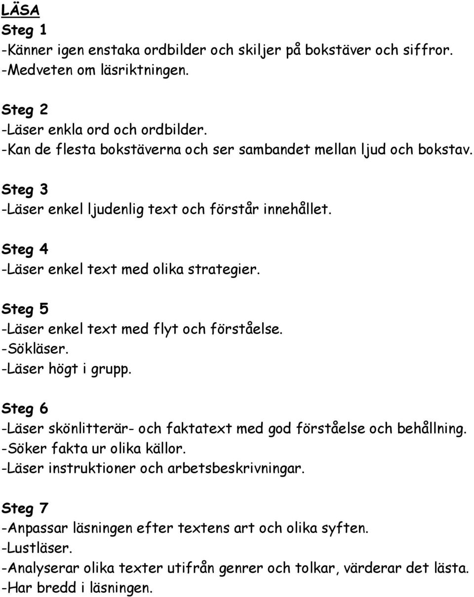 -Läser enkel text med flyt och förståelse. -Sökläser. -Läser högt i grupp. Steg 6 -Läser skönlitterär- och faktatext med god förståelse och behållning.