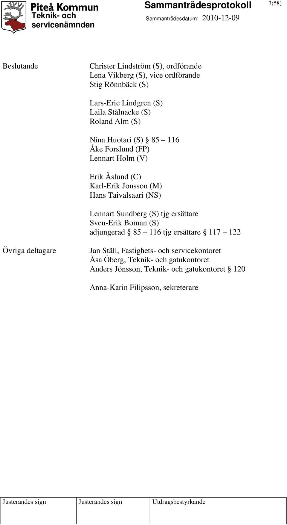 Taivalsaari (NS) Lennart Sundberg (S) tjg ersättare Sven-Erik Boman (S) adjungerad 85 116 tjg ersättare 117 122 Övriga deltagare Jan
