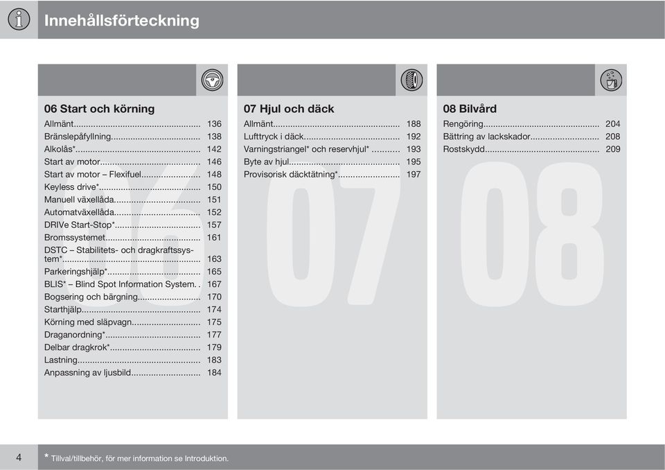 .. 157 Bromssystemet... 161 DSTC Stabilitets- och dragkraftssystem*... 163 Parkeringshjälp*... 165 BLIS* Blind Spot Information System.. 167 Bogsering och bärgning... 170 Starthjälp.