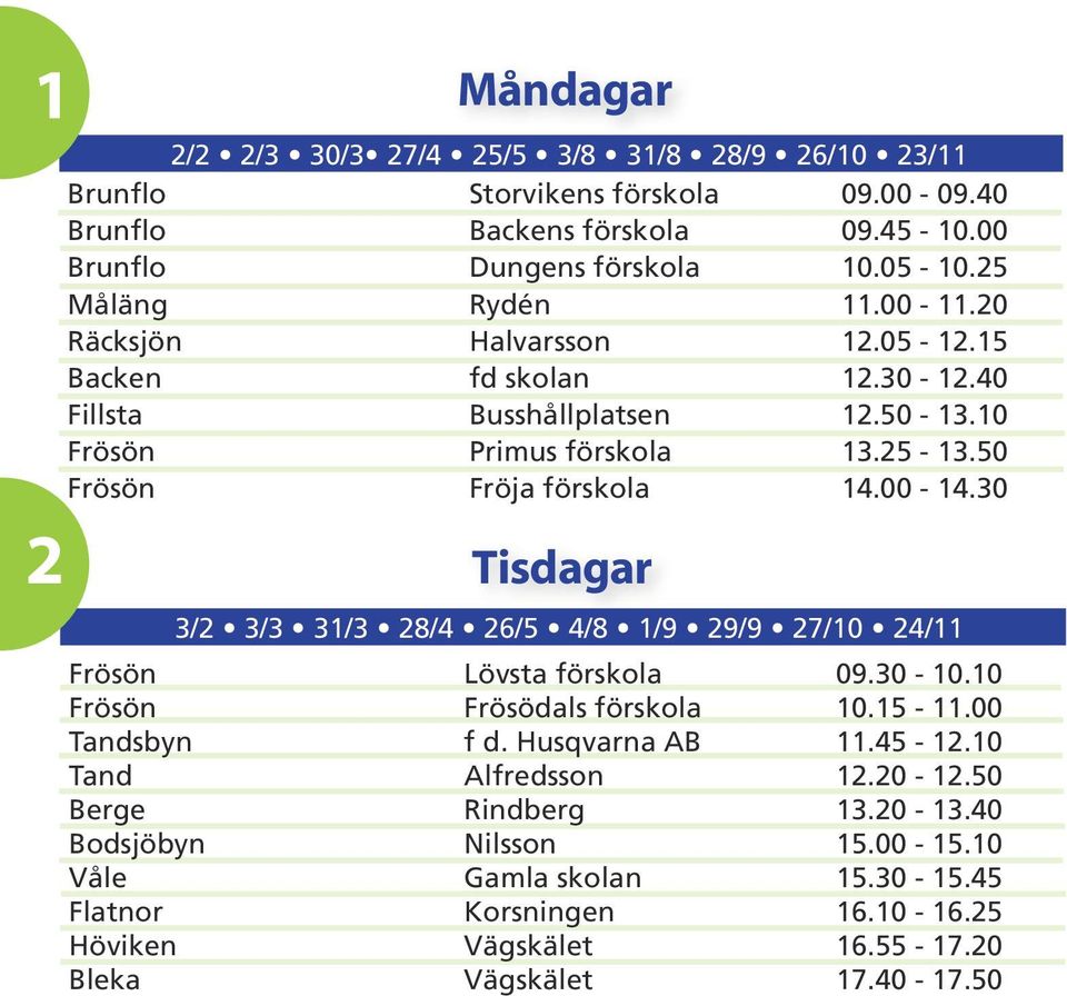 00-14.30 2 Tisdagar 3/2 3/3 31/3 28/4 26/5 4/8 1/9 29/9 27/10 24/11 Frösön Lövsta förskola 09.30-10.10 Frösön Frösödals förskola 10.15-11.00 Tandsbyn f d. Husqvarna AB 11.45-12.