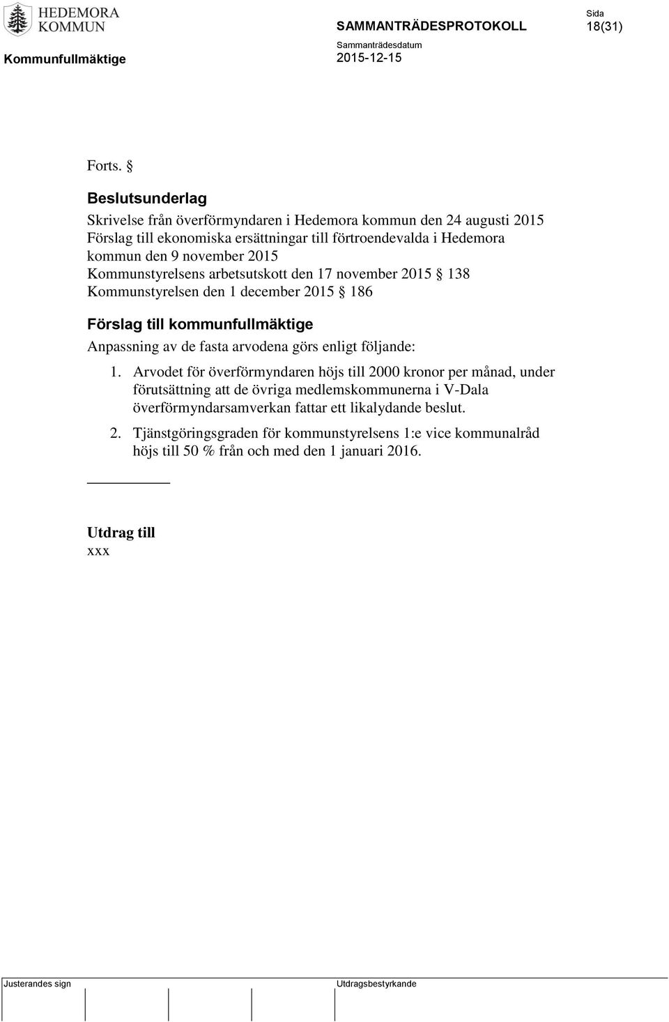 november 2015 Kommunstyrelsens arbetsutskott den 17 november 2015 138 Kommunstyrelsen den 1 december 2015 186 Förslag till kommunfullmäktige Anpassning av de fasta