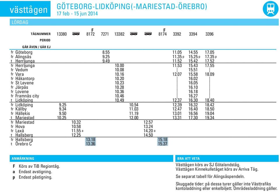 10 fr Lovene 10.36 16.18 fr Framnäs city 10.46 16.27 t Lidköping 10.49 12.37 16.30 18.40 fr Lidköping 12.39 16.32 18.42 fr Källby 9.25 9.34 10.54 11.03 12.47 16.40 18.50 fr Hällekis 9.50 11.19 13.