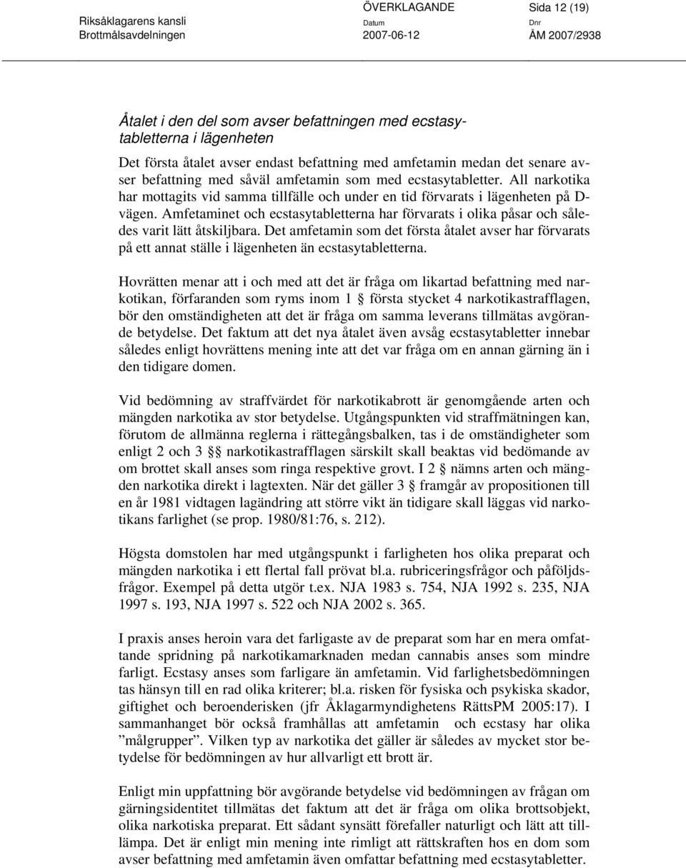Amfetaminet och ecstasytabletterna har förvarats i olika påsar och således varit lätt åtskiljbara.