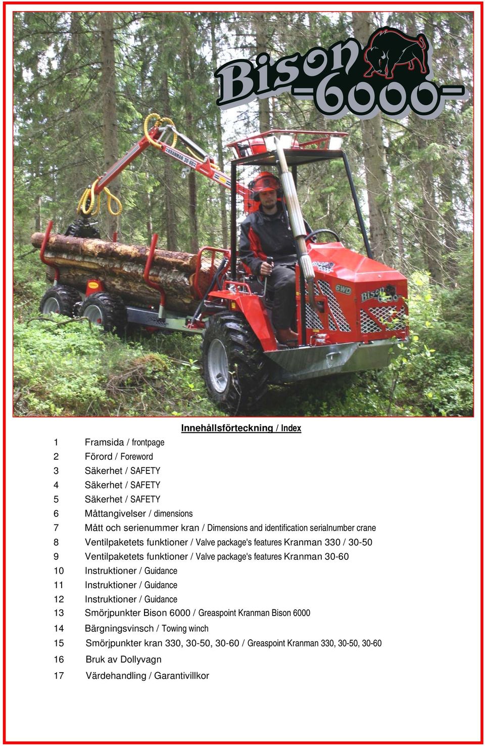 Ventilpaketets funktioner / Valve package's features Kranman 30-60 11 Instruktioner / Guidance 12 Instruktioner / Guidance 13 Smörjpunkter Bison 6000 / Greaspoint Kranman
