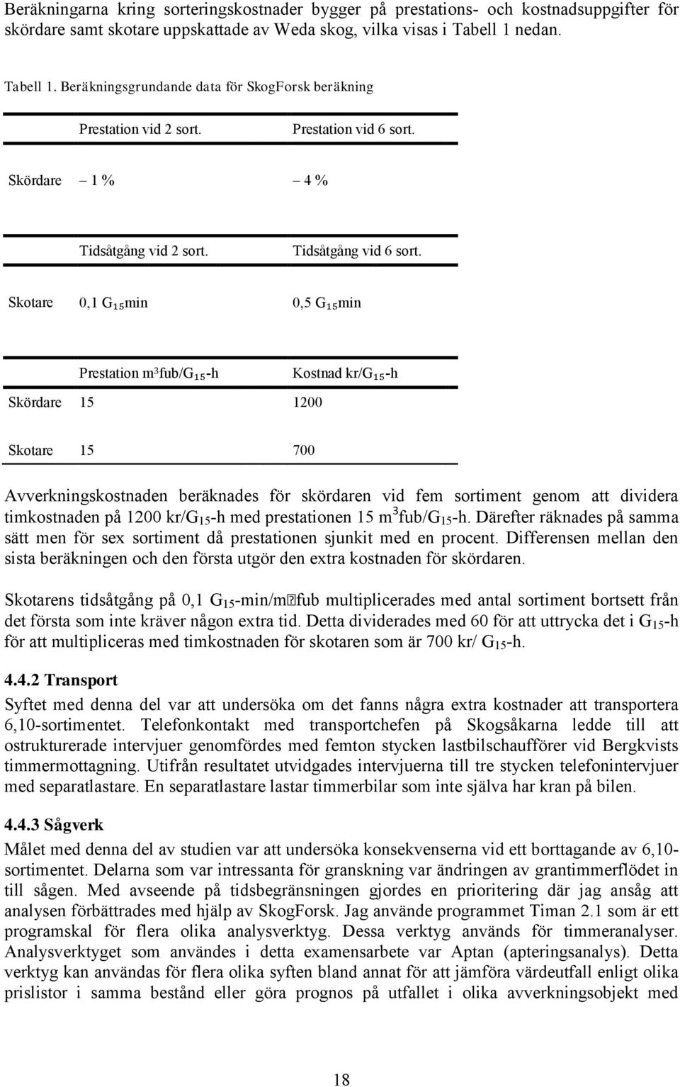 Skotare 0,1 G₁₅min 0,5 G₁₅min Prestation m 3 fub/g₁₅-h Kostnad kr/g₁₅-h Skördare 15 1200 Skotare 15 700 Avverkningskostnaden beräknades för skördaren vid fem sortiment genom att dividera timkostnaden