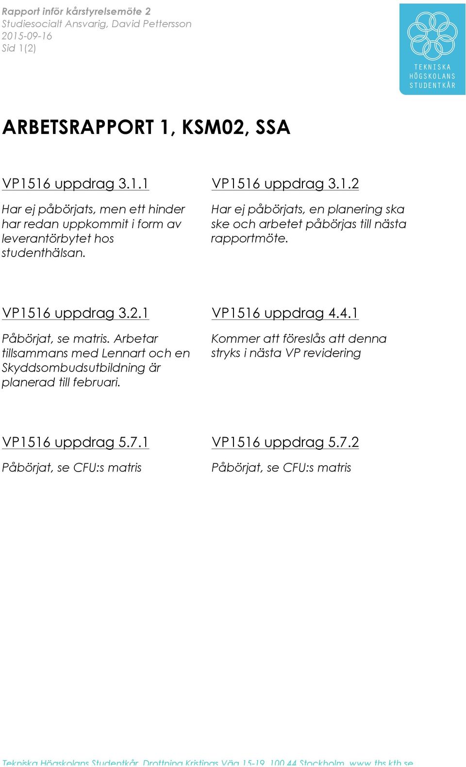 VP1516 uppdrag 3.1.2 Har ej påbörjats, en planering ska ske och arbetet påbörjas till nästa rapportmöte. VP1516 uppdrag 3.2.1 Påbörjat, se matris.