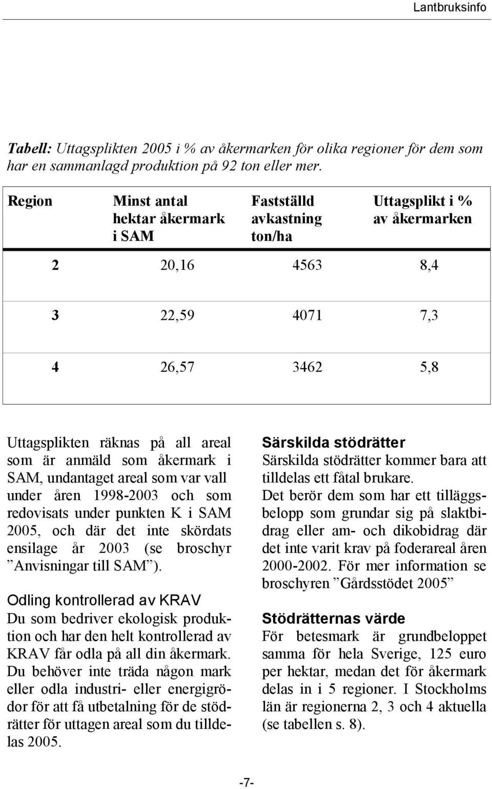 som åkermark i SAM, undantaget areal som var vall under åren 1998-2003 och som redovisats under punkten K i SAM 2005, och där det inte skördats ensilage år 2003 (se broschyr Anvisningar till SAM ).