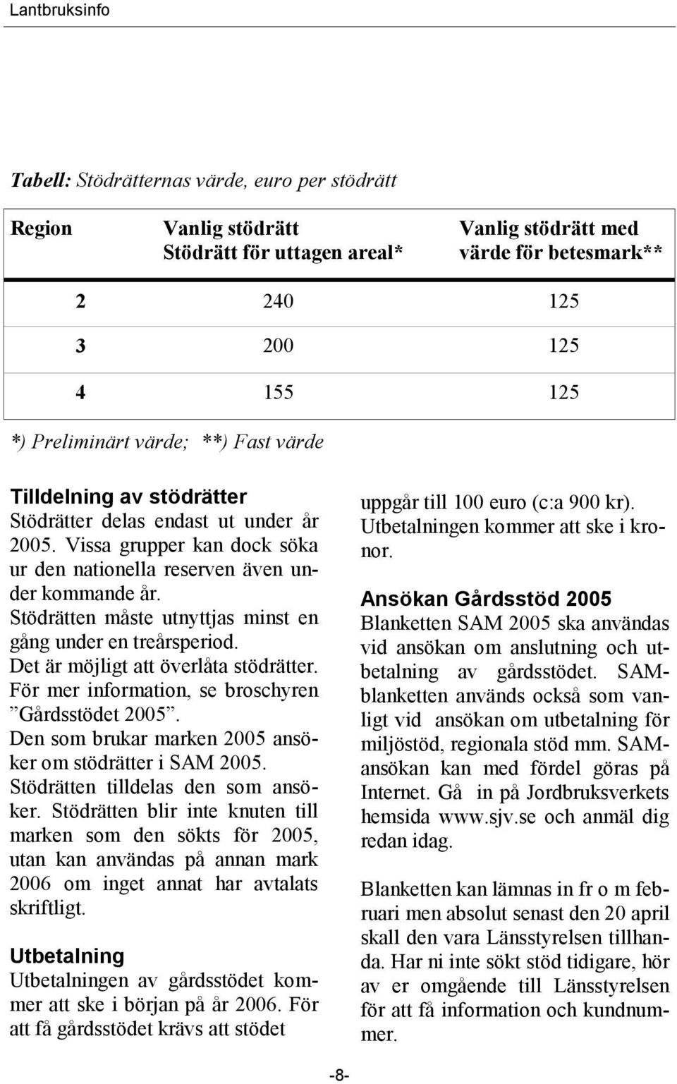 Stödrätten måste utnyttjas minst en gång under en treårsperiod. Det är möjligt att överlåta stödrätter. För mer information, se broschyren Gårdsstödet 2005.