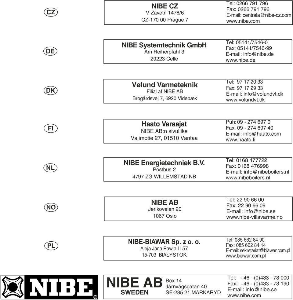 dk www.volundvt.dk FI Haato Varaajat NIBE AB:n sivuliike Valimotie 27, 010 Vantaa Puh: 09-274 697 0 Fax: 09-274 697 40 E-mail: info@haato.com www.haato.fi NL NIBE Energietechniek B.V. Postbus 2 4797 ZG WILLEMSTAD NB Tel: 0168 477722 Fax: 0168 476998 E-mail: info@nibeboilers.