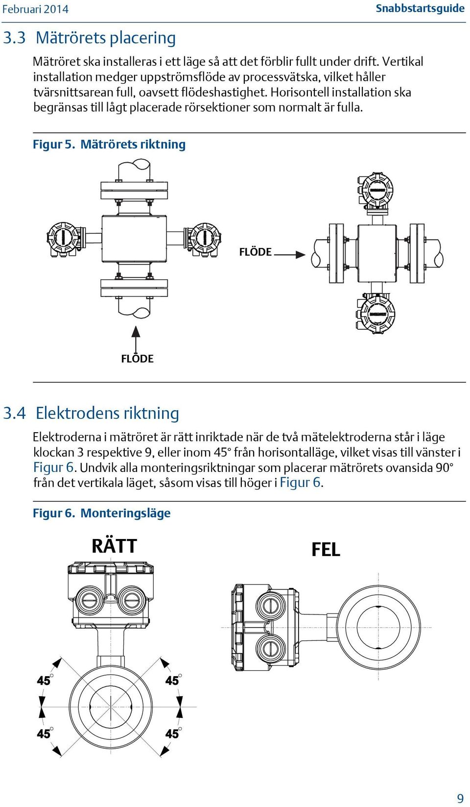 Horisontell installation ska begränsas till lågt placerade rörsektioner som normalt är fulla. Figur 5. Mätrörets riktning FLÖDE FLÖDE 3.