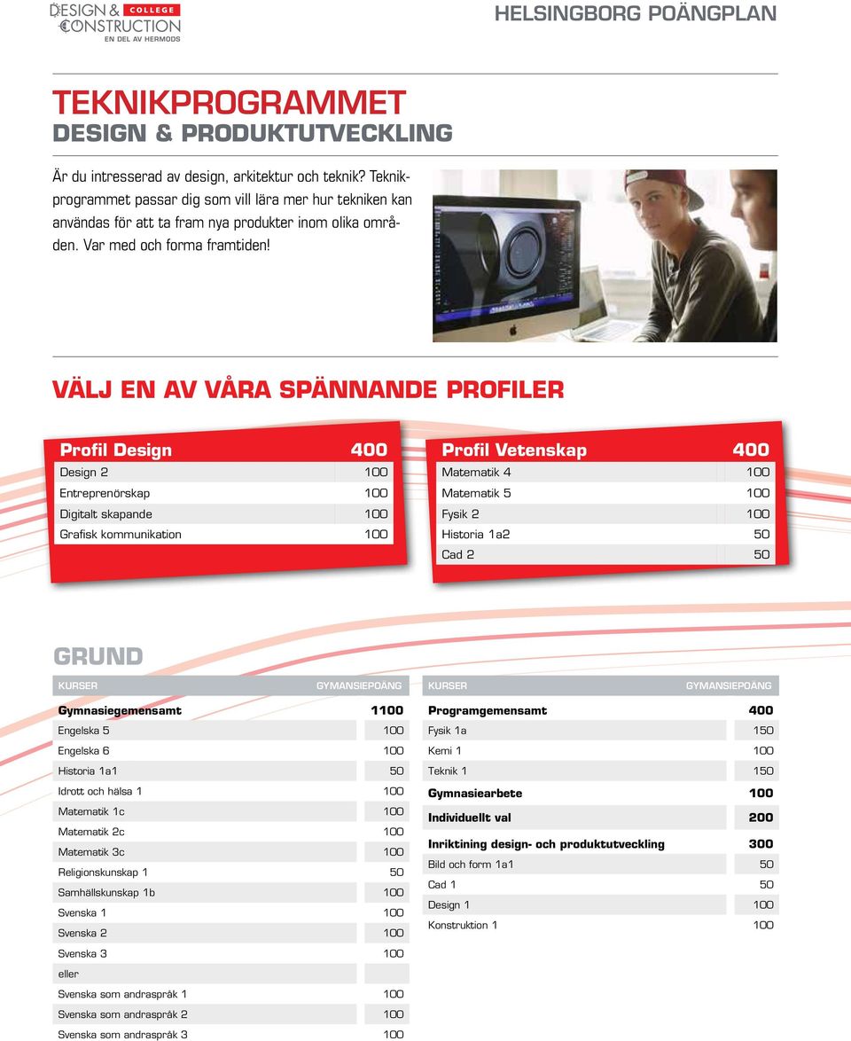 Profil Design 400 Design 2 100 Entreprenörskap 100 Digitalt skapande 100 Grafisk kommunikation 100 Profil Vetenskap 400 Matematik 4 100 Matematik 5 100 Fysik 2 100 Historia 1a2 50 Cad 2 50