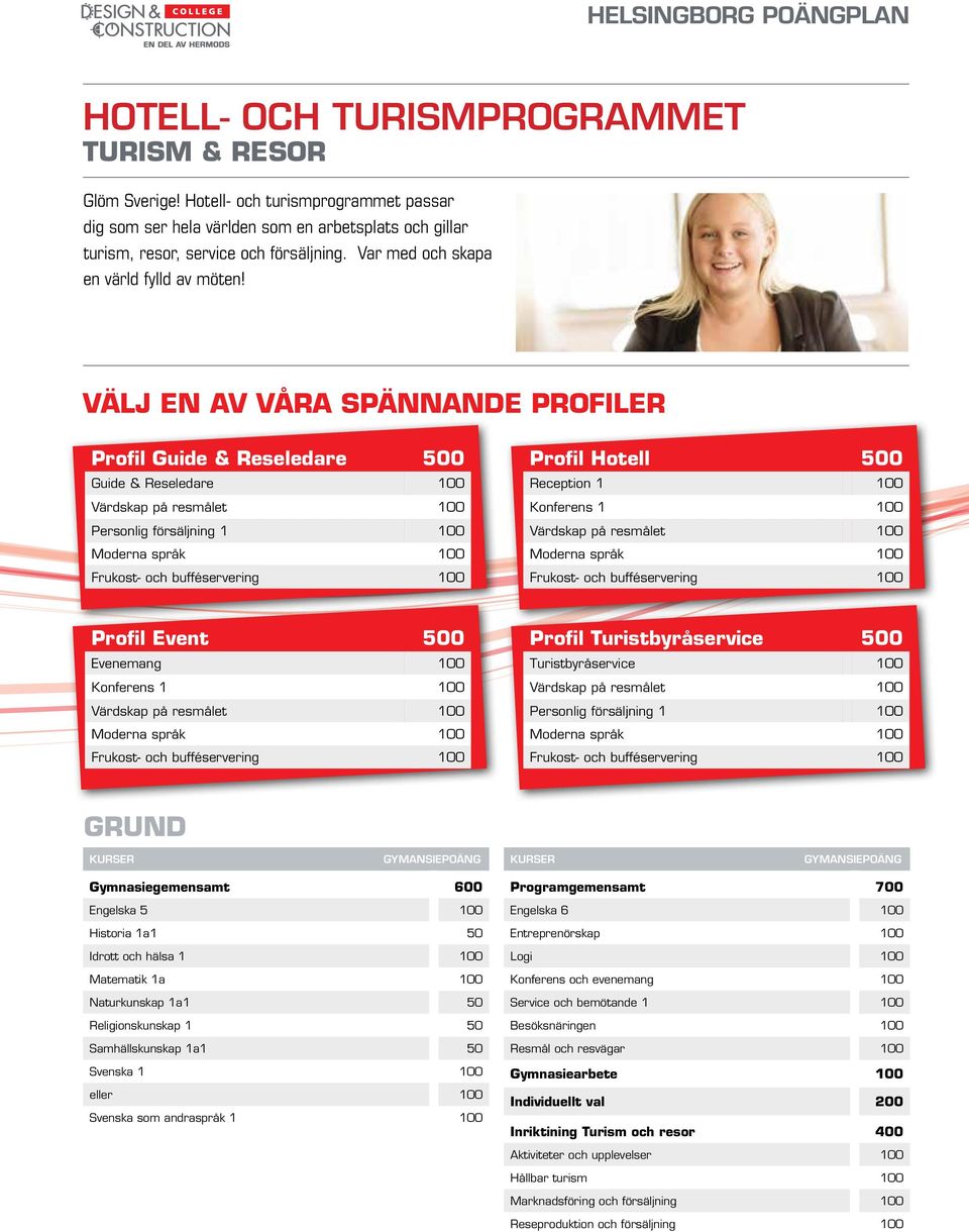 Profil Guide & Reseledare 500 Guide & Reseledare 100 Värdskap på resmålet 100 Personlig försäljning 1 100 Moderna språk 100 Frukost- och bufféservering 100 Profil Hotell 500 Reception 1 100 Konferens