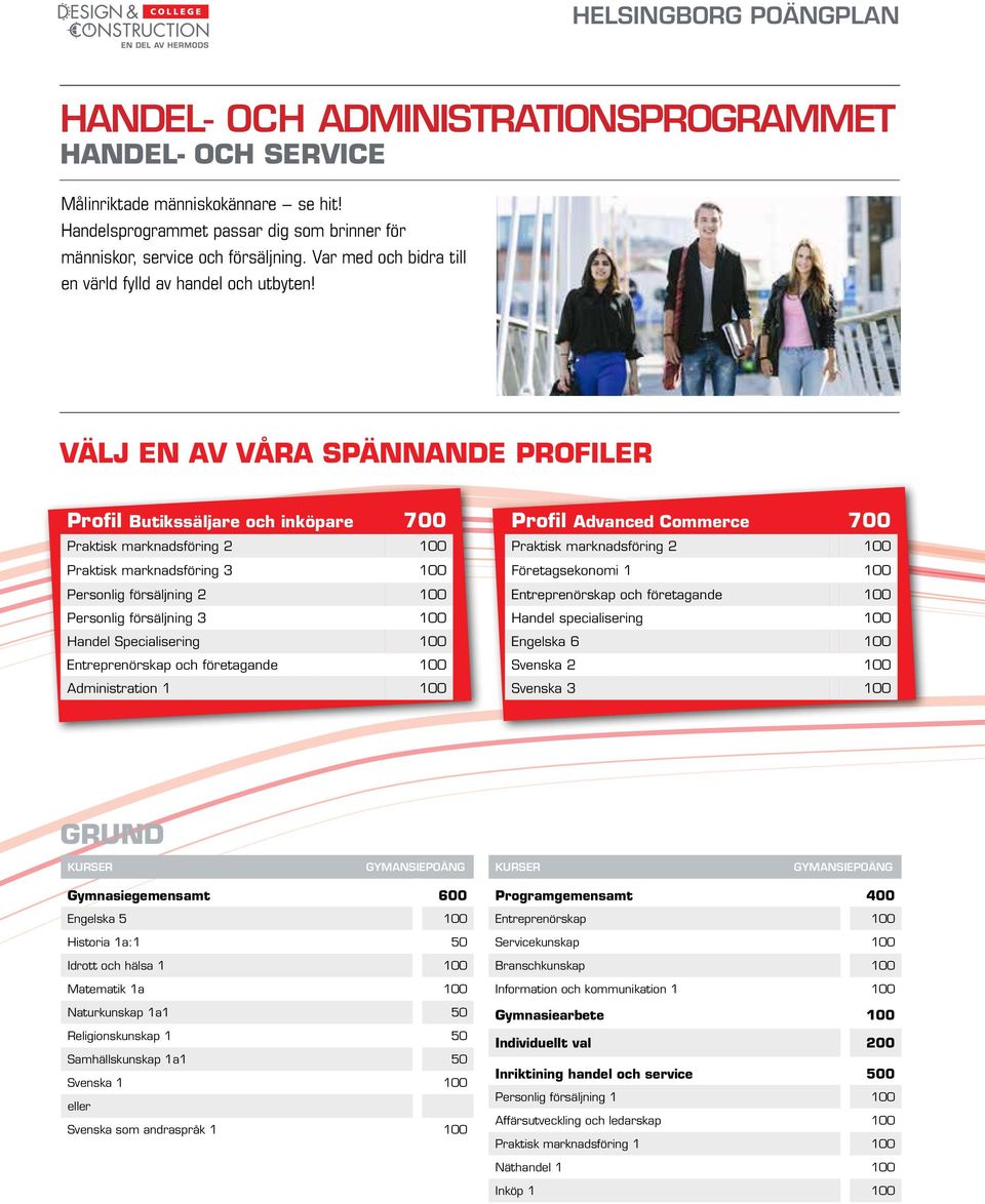 Profil Butikssäljare och inköpare 700 Praktisk marknadsföring 2 100 Praktisk marknadsföring 3 100 Personlig försäljning 2 100 Personlig försäljning 3 100 Handel Specialisering 100 Entreprenörskap och