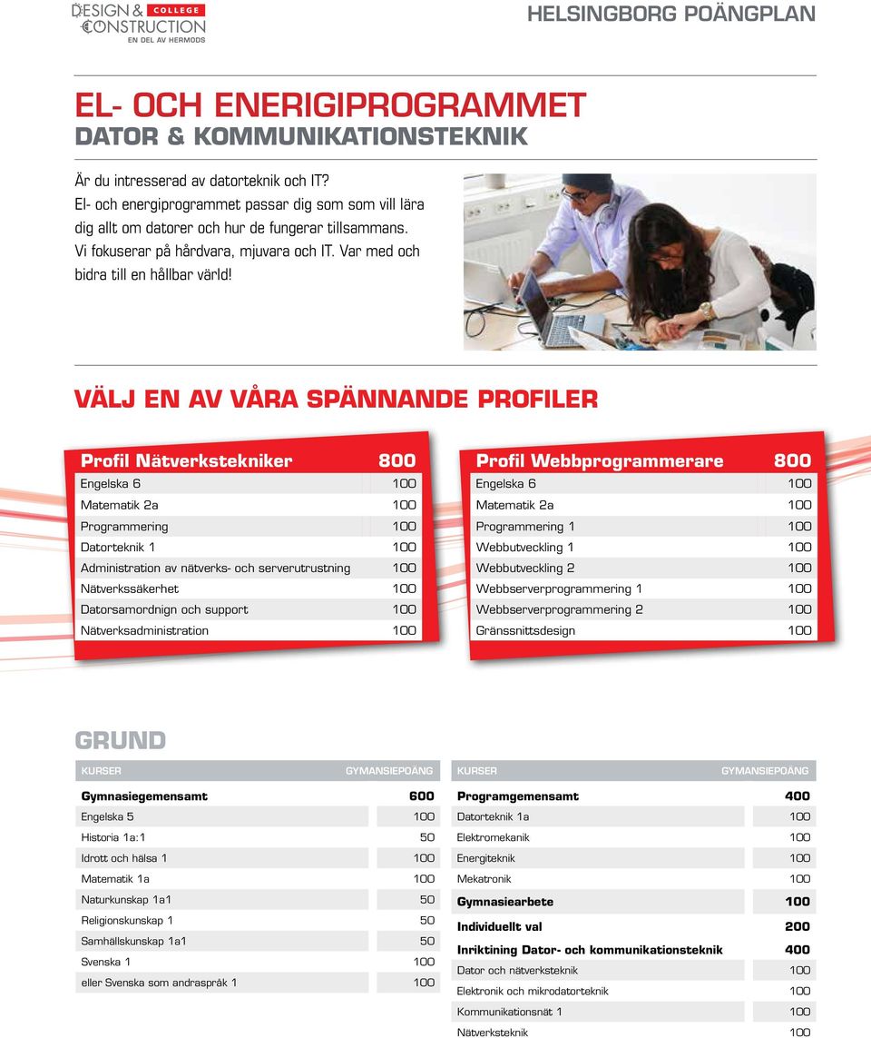 Profil Nätverkstekniker 800 Matematik 2a 100 Programmering 100 Datorteknik 1 100 Administration av nätverks- och serverutrustning 100 Nätverkssäkerhet 100 Datorsamordnign och support 100