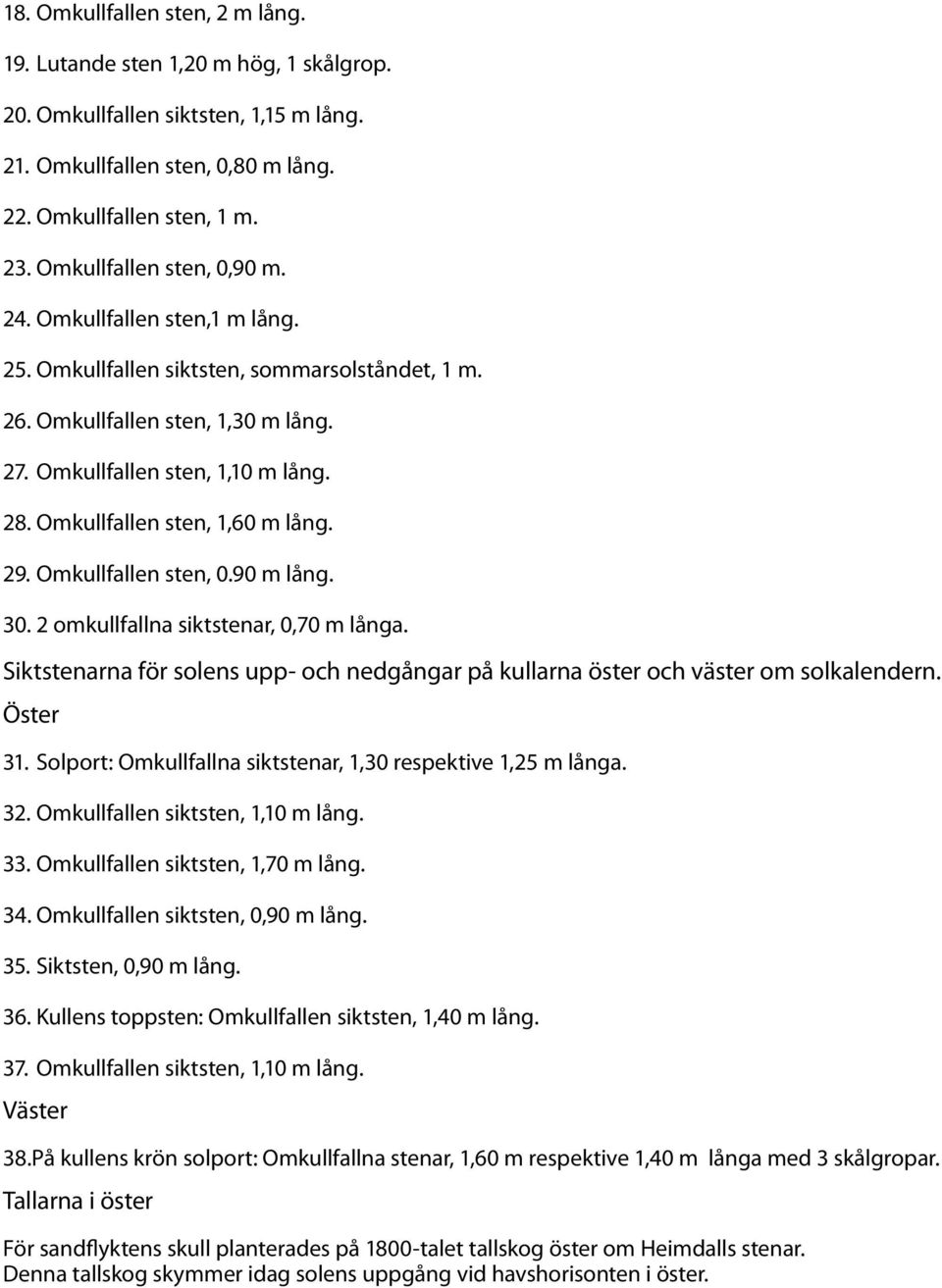 Omkullfallen sten, 1,60 m lång. 29. Omkullfallen sten, 0.90 m lång. 30. 2 omkullfallna siktstenar, 0,70 m långa.