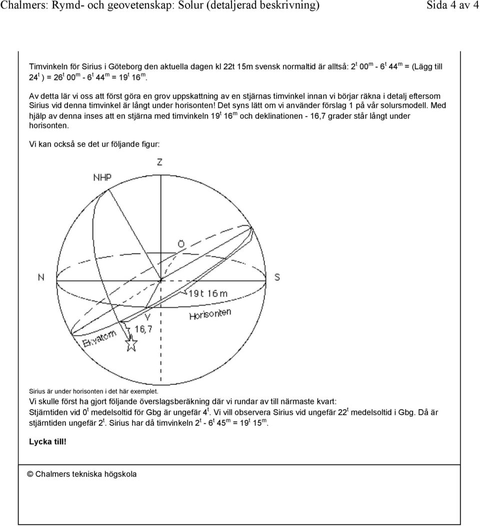 Av detta lär vi oss att först göra en grov uppskattning av en stjärnas timvinkel innan vi börjar räkna i detalj eftersom Sirius vid denna timvinkel är långt under horisonten!