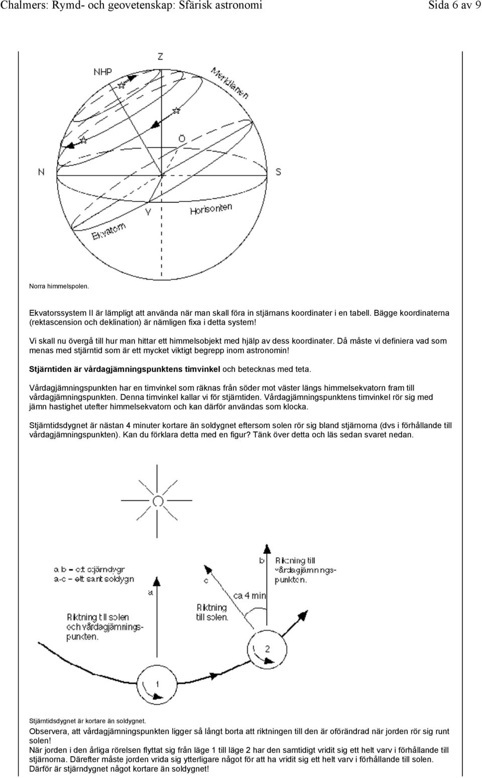 Då måste vi definiera vad som menas med stjärntid som är ett mycket viktigt begrepp inom astronomin! Stjärntiden är vårdagjämningspunktens timvinkel och betecknas med teta.