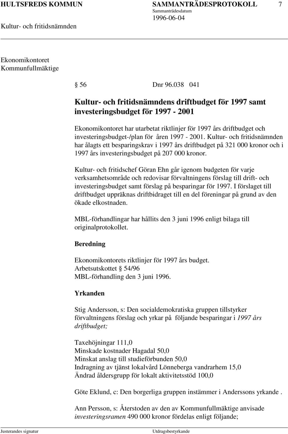 har ålagts ett besparingskrav i 1997 års driftbudget på 321 000 kronor och i 1997 års investeringsbudget på 207 000 kronor.