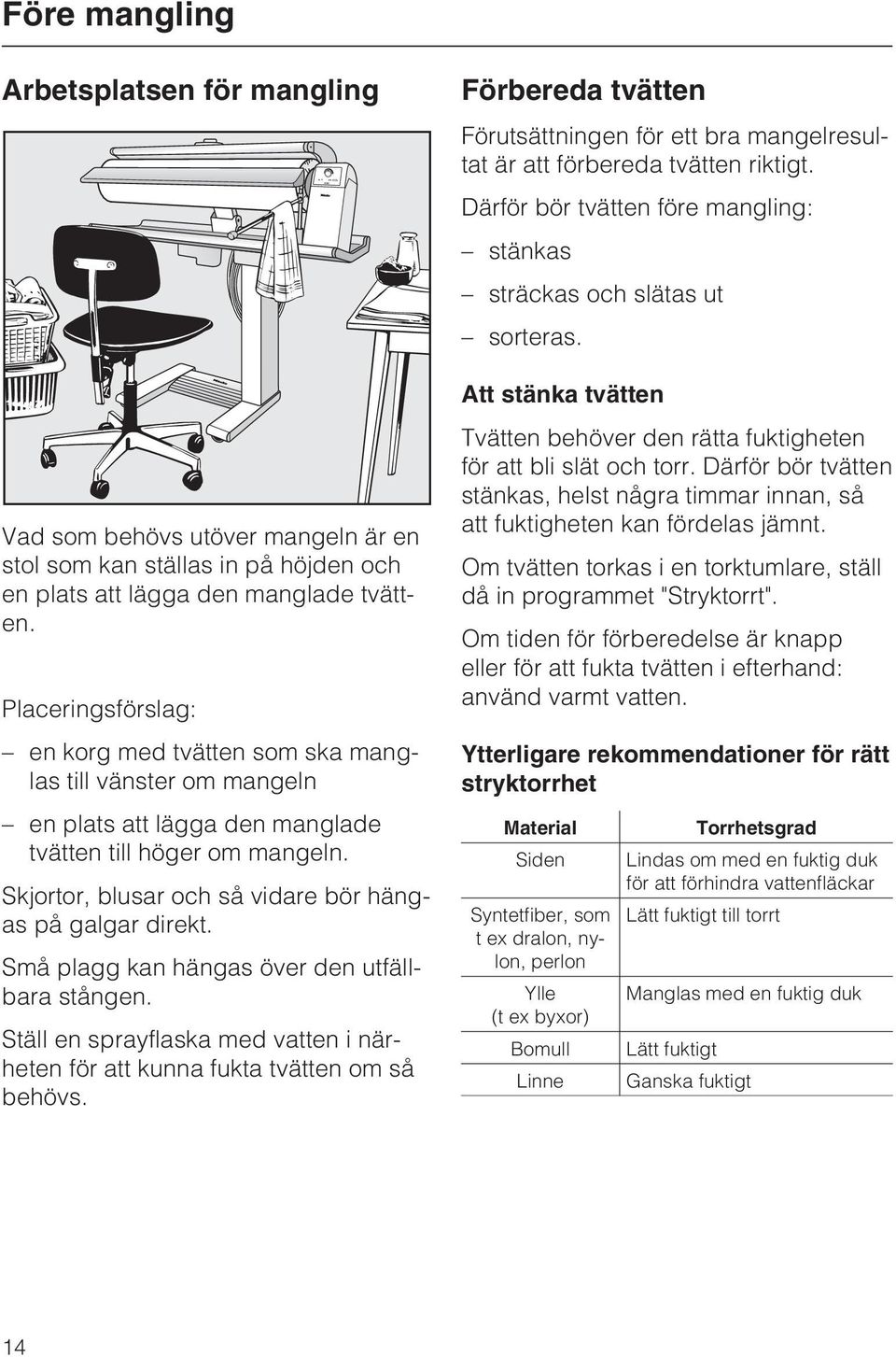 Skjortor, blusar och så vidare bör hängas på galgar direkt. Små plagg kan hängas över den utfällbara stången. Ställ en sprayflaska med vatten i närheten för att kunna fukta tvätten om så behövs.