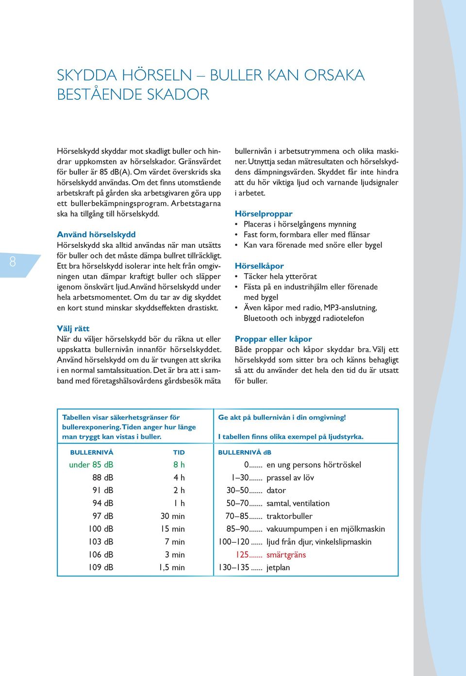 Använd hörselskydd Hörselskydd ska alltid användas när man utsätts för buller och det måste dämpa bullret tillräckligt.